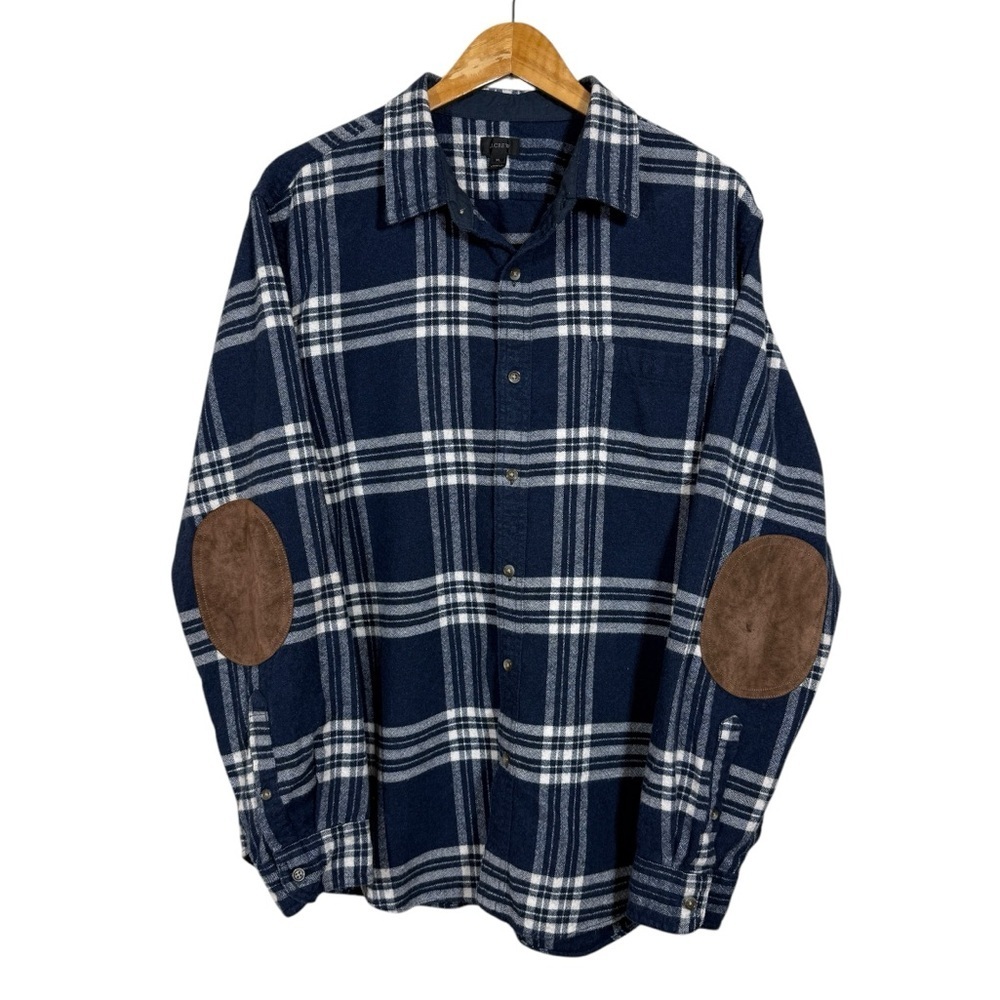 J. Crew Blue And White Plaid Button Down Elbow Patch Flannel Shirt Mens Size XL